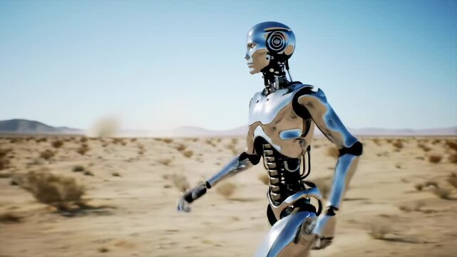 Sleek, chrome humanoid robot in arid landscape, dust devils rising far off in background, under a clear sky