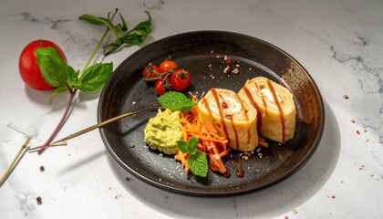 Delicious pancake rolls, decorated with mint and sauce, served on a black plate with fresh salad