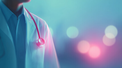 professional doctor standing with folded arms in modern hospital environment, medical expert wearing lab coat and stethoscope, healthcare banner concept for clinics, consultations and medical services