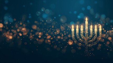 glowing hanukkah menorah made of sparkling golden particles on dark festive background, elegant holiday illustration for seasonal greetings, celebration banners and jewish cultural designs