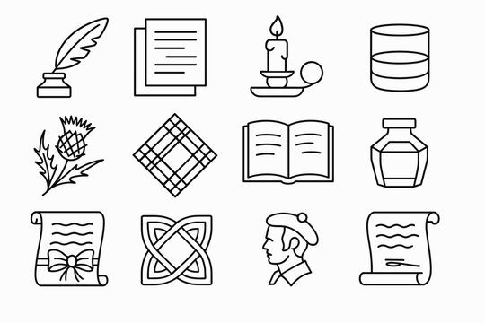 Burns Night Icons. Burns Night Literary Gathering linear icons: quill pen, poetry manuscript, candle glow, whisky glass, thistle sprig, tartan napkin, open book of verses, ink.