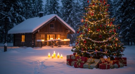 Enchanting Christmas in Winter Wonderland with Cabin, Tree, and Gifts in Snow