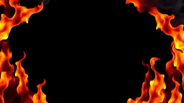 Frame of fire on black background. Burning fire border with copy space. Bright animation, banner design