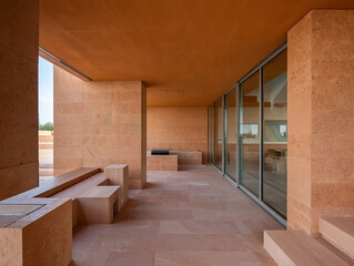 Modern Terracotta Architecture with Glass Facade and Built in Seating