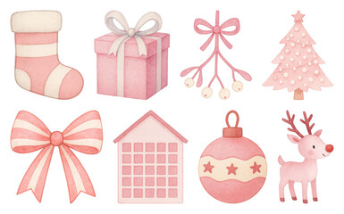Fototapeta premium PNG Cute pastel Christmas decorations illustration, element set on transparent background