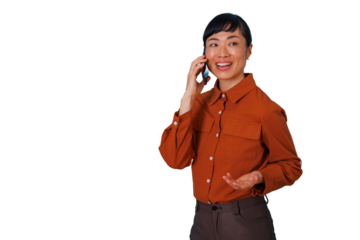 Asian businesswoman communicating on phone, smiling and discussing, transparent background, global connectivity concept