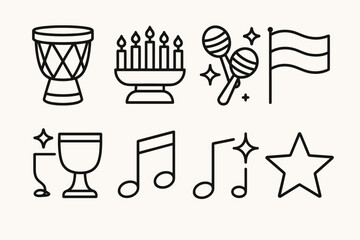 Kwanzaa Celebration Icons. Kwanzaa Traditional Music linear icons: drum, kinara candles, maracas, flag, unity cup, music notes, sparkle, star.