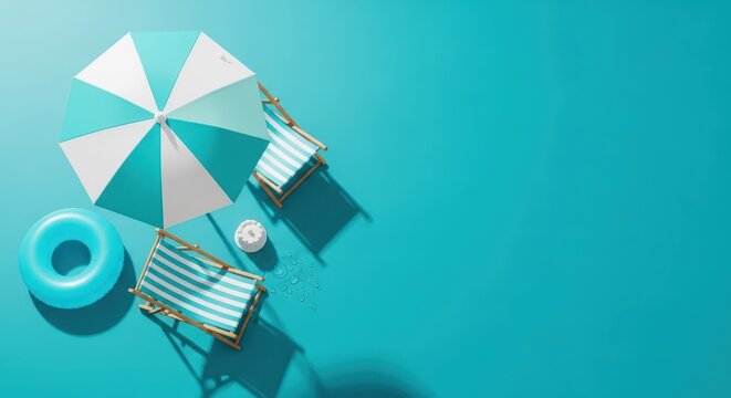 Topdown view of a beach setup with a striped umbrella, two deck chairs, and a blue inflatable ring on a vibrant turquoise background, suggesting a perfect summer day