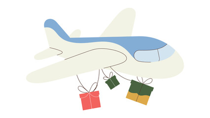 Airplane Delivering Gifts: An aircraft gracefully navigates the sky, laden with brightly wrapped gifts, symbolizing travel, celebration, and generosity.