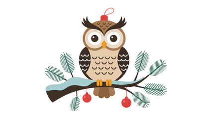 Festive Owl Ornament on Branch: A charming illustration depicts a whimsical owl perched on a branch, adorned with seasonal ornaments. It is ready for holidays.