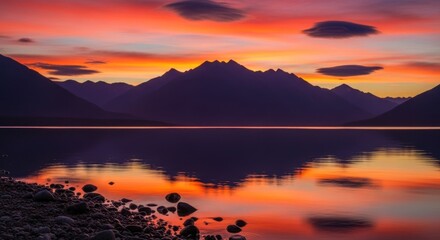 Obraz premium Majestic mountains reflecting on a tranquil lake during a vibrant colorful sunset scenic landscape