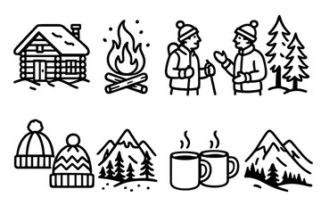 Fototapeta premium Rustic Winter Gathering. Mountain Winter Gathering linear icons: rustic cabin, bonfire sparks, skiers chatting, pine forest, winter hats, glowing windows, mugs of cocoa, snowy.