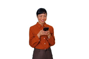 Asian woman using mobile phone for social media or messaging, connecting with friends, smiling, technology