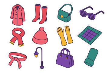 Chic Urban Outerwear Icons. Chic Urban Outerwear flat icons: tailored coat, high boots, crossbody bag, sunglasses, scarf, beanie, long gloves, plaid pattern, belt tie, streetlight.