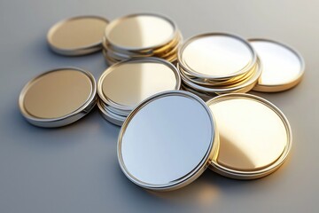 shiny gold round metal badge mockups with smooth edges, luxury, elegant display, neutral background