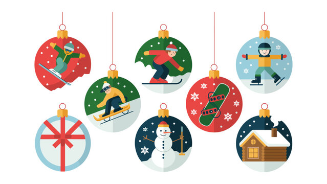 Festive Ornaments of Winter Sports: A set of eight colorful ornaments, each depicting a different winter sport, brings the excitement of the season. Featuring skiing, snowboarding, ice skating.