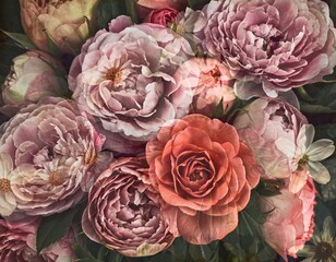 Obraz premium Luxury Peony Rose Wallpaper Mural, Romantic Double-Exposure Floral Wall Art with Blush Pink and Coral Garden Blooms, Vintage Botanical Pattern for Interior Decor, Elegant Nature Design