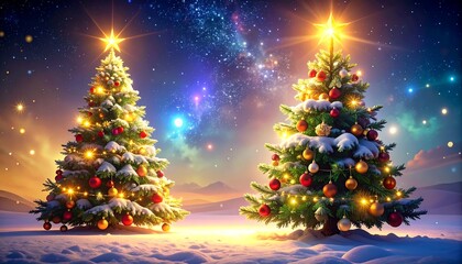 Obraz premium Two Christmas trees glow under a bright starry sky on a snowy landscape with mountains in the background