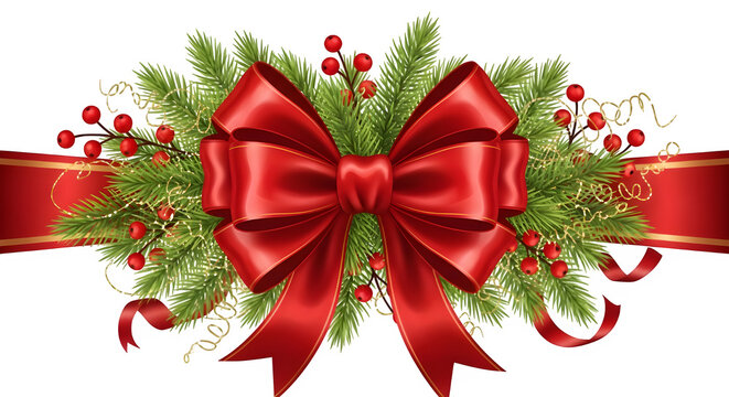 Elegant red bow with festive pine branches and berries for holiday decor