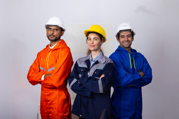 Group Professional engineering teamwork, Ethnic diversity worker people, Success teamwork. working woman leader and professional engineering people wearing hardhat safety helmet standing at workplace