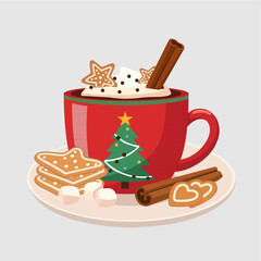 Festive Christmas Hot Drink Mug with Whipped Cream, Star Cookies, and Cinnamon Sticks - Flatt Vector Illustration
