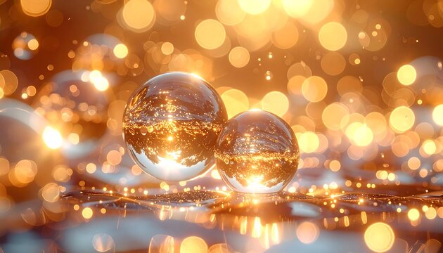 Two chrome spheres hover above a liquid, reflecting a blurred gold light show