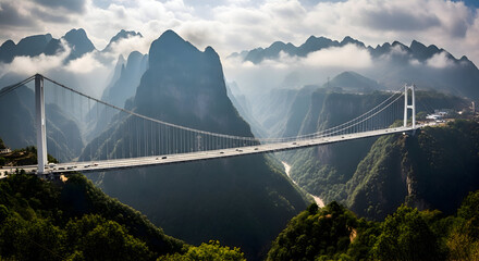 Majestic suspension bridge spanning dramatic mountain landscape