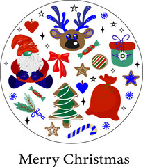 Art ,Cheerful Christmas vector composition in a circle featuring a cute gnome, reindeer, Christmas tree, gifts, and candies, perfect for holiday design.
