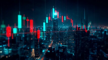 Night city skyline with glowing stock market candlestick charts overlay in red and green - Powered by Adobe