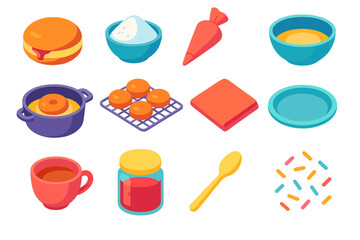 Sufganiyot Icon Set. Sufganiyot Delights flat icons: jelly doughnut, powdered sugar, pastry bag, mixing bowl, frying pot, cooling rack, napkin, plate, tea cup, jam jar, spoon.
