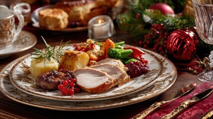 A festive christmas dinner spread with roast turkey, vegetables, and cranberry sauce, creating a warm and inviting holiday atmosphere