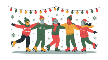 Winter Fun on Ice: A cheerful group of friends skates hand-in-hand, illuminated by festive lights, capturing the spirit of winter festivities.