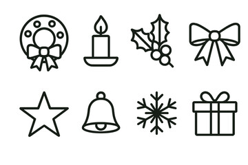 Festive Icon Array. Traditional Festivities linear icons: wreath, candle, holly branch, ribbon, star, bell, snowflake, gift.