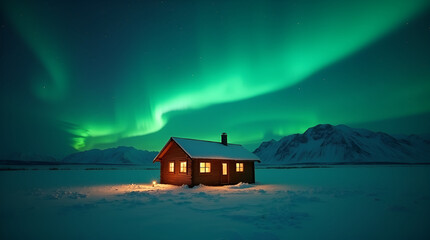 A lonely wooden cabin glowing warmly under a breathtaking green aurora borealis.