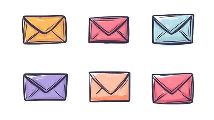Six colorful cartoon envelopes arranged on a white background