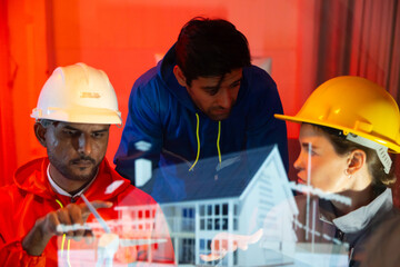 Modern construction and engineering Team Collaborating on Futuristic Holographic Interface...