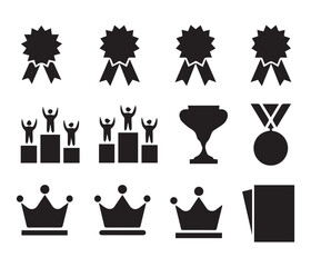 Symbols of Glory: A collection of meticulously crafted silhouettes showcasing emblems of achievement, including ribbons, podiums, trophies, medals, crowns, and document sets.
