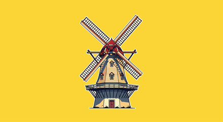 Charming wooden windmill with striking red accents stands proudly against a vibrant yellow backdrop evoking rustic charm and historical appeal, Generative AI