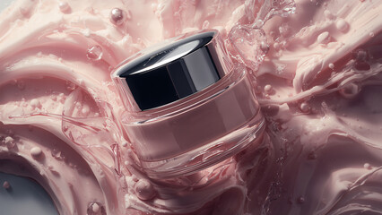 Cosmetic Cream Jar with Pink Ointment and Water Splashes on Swirling Background