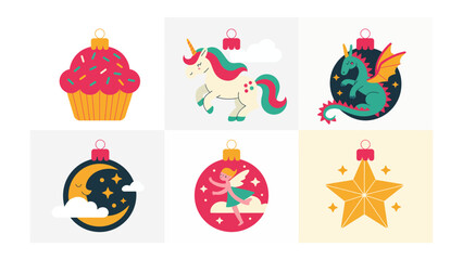 Festive Ornament Selection: A delightful assortment of festive ornaments, each showcasing a unique, whimsical design perfect for the holiday season. The collection includes a cupcake, unicorn, dragon.