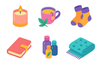 Wellness Care Package Icons. Wellness Care Packages flat icons: candle, herbal tea, cozy socks, journal, essential oils, blanket.