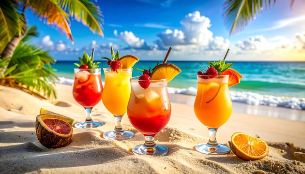 Vibrant cocktails on a sunny beach with turquoise ocean, palm trees, and bright sky evoke a tropical vacation mood - Powered by Adobe