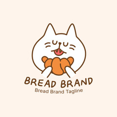 Cute bakery logo featuring adorable cat mascot happily holding fresh croissant. Hand-drawn illustration with warm colors for pastry shop branding and packaging.