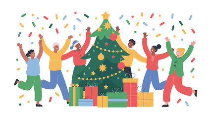 Festive Joy: A jubilant group of people celebrate the holidays around a beautifully decorated tree, surrounded by colorful presents and confetti, evoking a sense of togetherness and excitement.