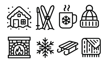 Winter Lodge Icons. Winter Lodge Retreat linear icons: snowcovered cabin, skis, hot cocoa mug, wool hat, fireplace, snowflake, sled, wool blanket.
