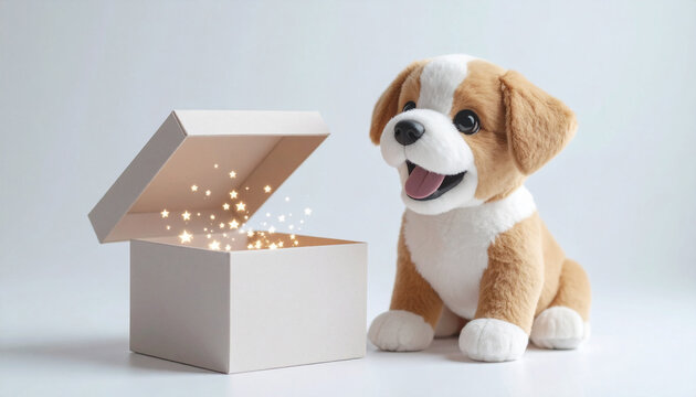笑顔の犬のぬいぐるみと、ふたを開けると星の光があふれ出すギフトボックスを組み合わせた心温まるメルヘンシーン。優しい光が可愛い世界を演出したイメージ