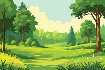 Obraz premium Lush forest landscape with meadow and distant trees