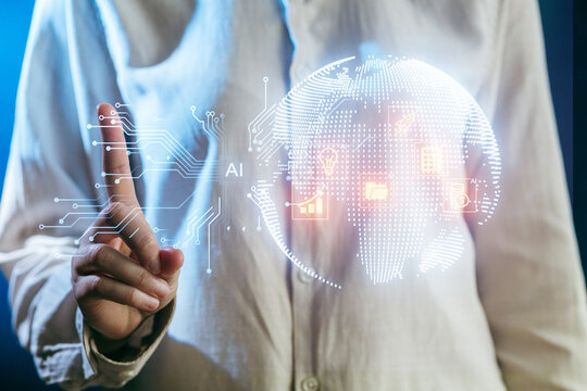 Digital interaction with global data visualization and artificial intelligence concepts in a modern setting - Powered by Adobe