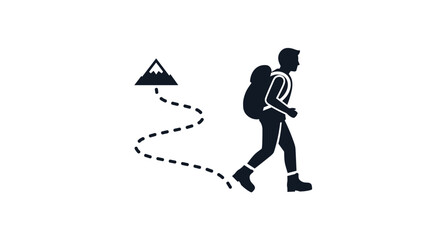 Obraz premium Adventurous hiker with backpack treks towards a majestic mountain peak symbolizing journey and exploration, Generative AI