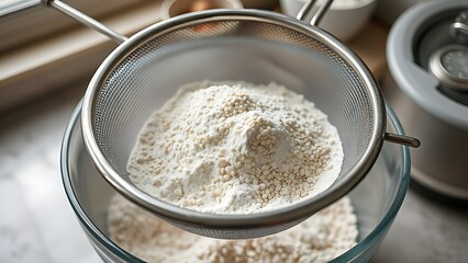 tennessine. Flour sifting through mesh sieve into bowl on kitchen counter. menu design, packaging mockups, designed for food delivery and cloud-kitchen brand materials, simplifies recipe learning.